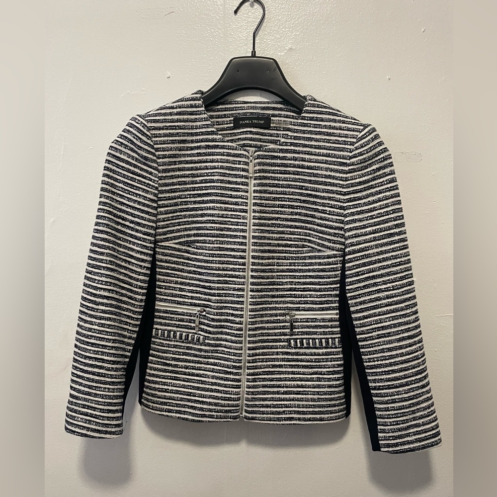 Ivanka Trump Collarless Striped Tweed Zip Blazer Jacket with Side Panels